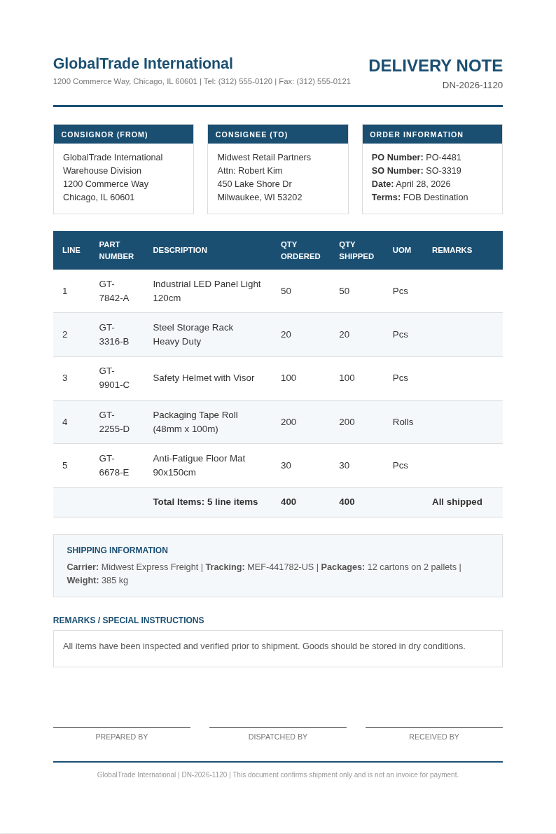 Corporate standard delivery note